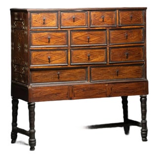 18th C. Portuguese Contador Com Trempe Chest on Stand Wood Parquetry For Sale