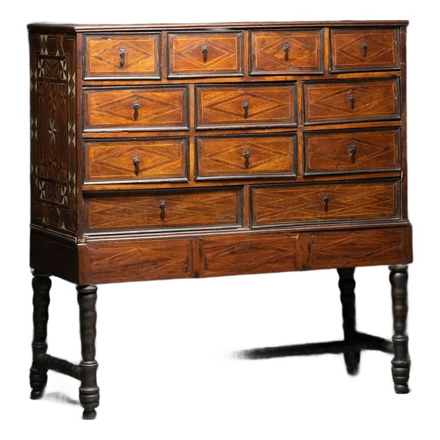 18th C. Portuguese Contador Com Trempe Chest on Stand Wood Parquetry For Sale