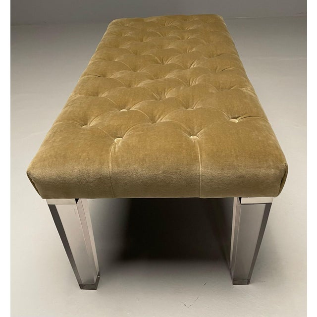 Textile Contemporary, Modern Tufted Window Bench, Chrome, Acrylic, Green Velvet, 2010s For Sale - Image 7 of 9