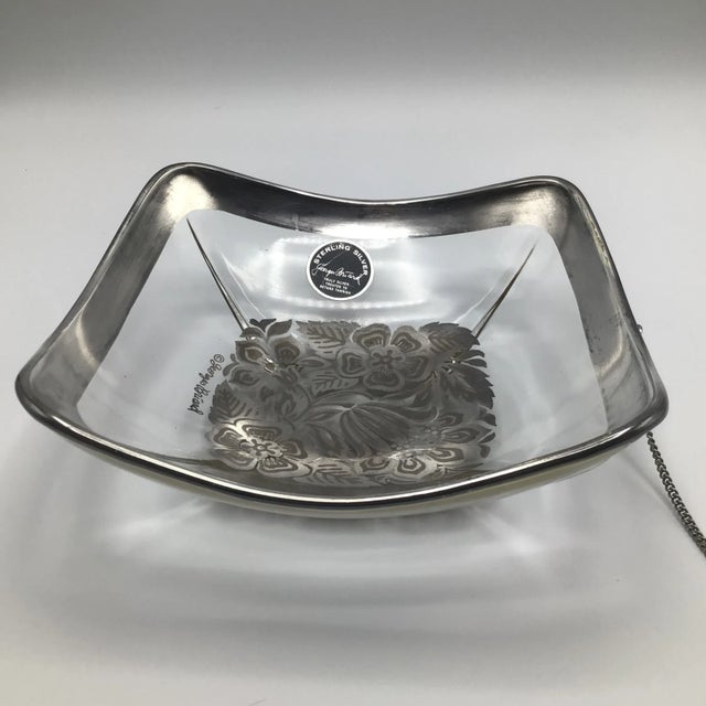 Vintage MCM Georges Briard Glass Pickle or olive Dish bowl with Attached Fork. Floral design is Sterling Silver and has a...