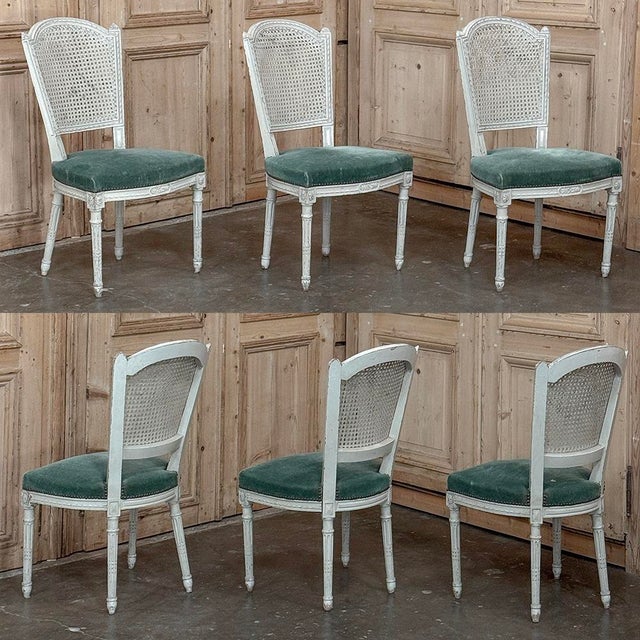 Wood Set of Six Neoclassical Painted Swedish Chairs With Caned Backs & Mohair Seats For Sale - Image 7 of 15