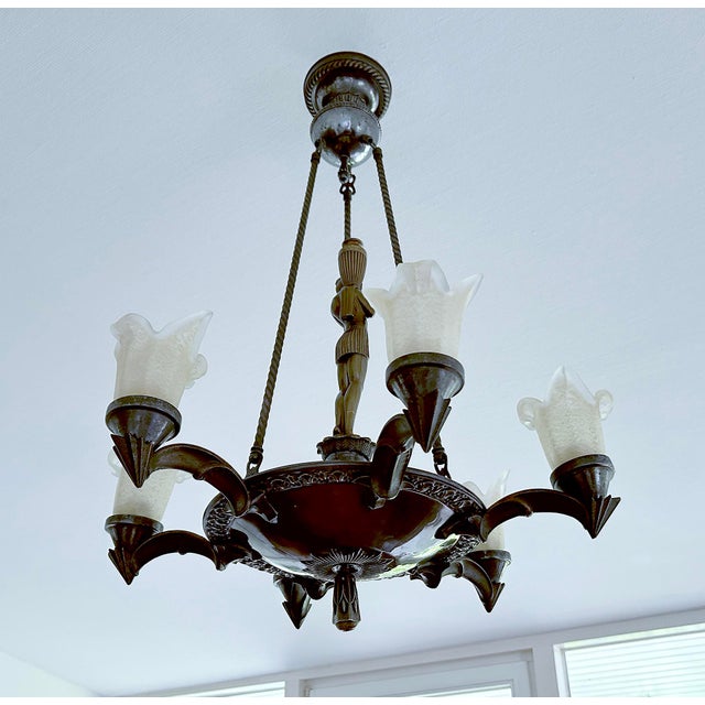 Large Art Deco Sculptural Chandelier in Bronze and Glass, 1930s For Sale - Image 9 of 18