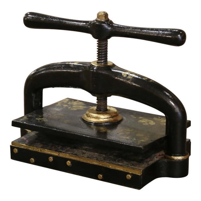 19th Century French Black Painted and Gilt Wrought Iron Book Binding Press For Sale