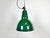 Industrial green enamel pendant light made by Polam Wilkasy in Poland during the 1960s. White enamel inside the shade....