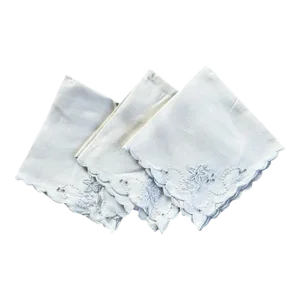 Antique Scalloped Hankies or Napkins in Cream With Blue Detail - Set of 3