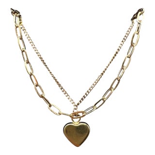 Two Layer Heart Necklace 10kt Yellow Gold Paperclip Chain New For Sale