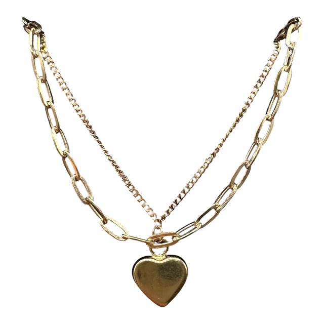 Two Layer Heart Necklace 10kt Yellow Gold Paperclip Chain New For Sale