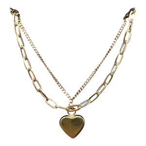 Two Layer Heart Necklace 10kt Yellow Gold Paperclip Chain New