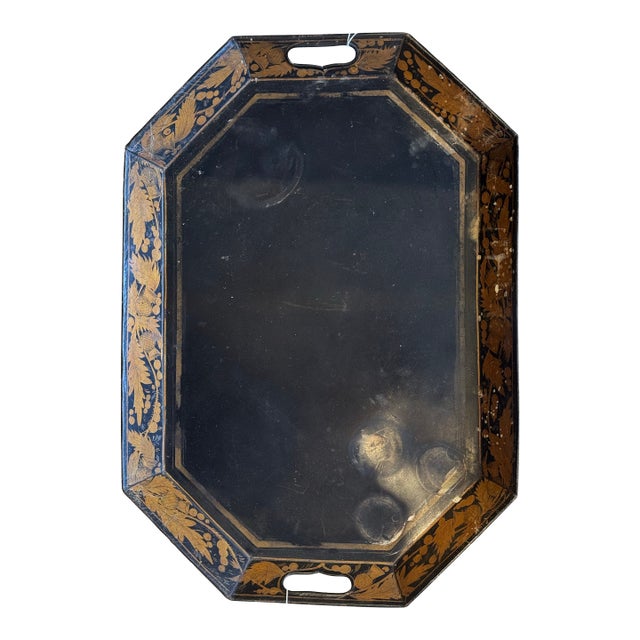 Antique Octagonal Black Lacquer and Gold Tole Tray For Sale
