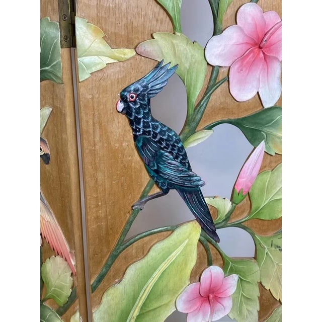 Late 20th Century Colorful Tropical Birds Amongst Exotic Foilage Painted & Carved Wood Room Screen For Sale - Image 5 of 10