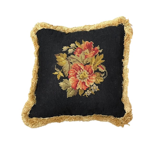 Ralph Lauren Set of 4 Vintage Petit Point Floral Needlepoint Pillows With Gold Fringe Trim For Sale - Image 4 of 12
