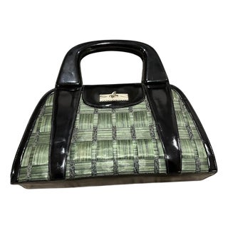 1970s Woven Green Straw and Black Leather Italian Top Handle Bag For Sale