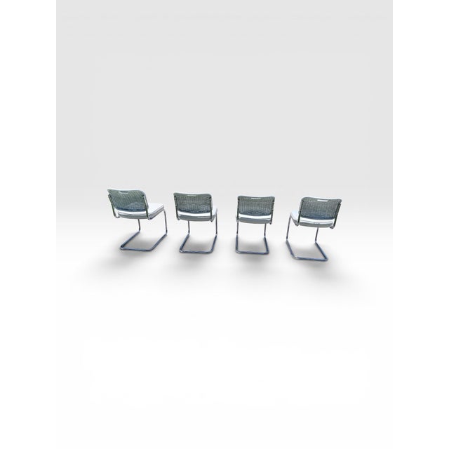 Vintage Set of Four Chrome Cantilever Dining Chairs With White Woven Rattan Backs For Sale In West Palm - Image 6 of 11