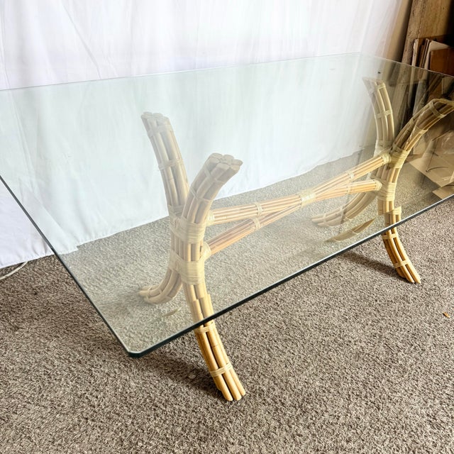 Late 20th Century Boho Chic McGuire Style Rattan Glass Top Dining Table For Sale - Image 5 of 8
