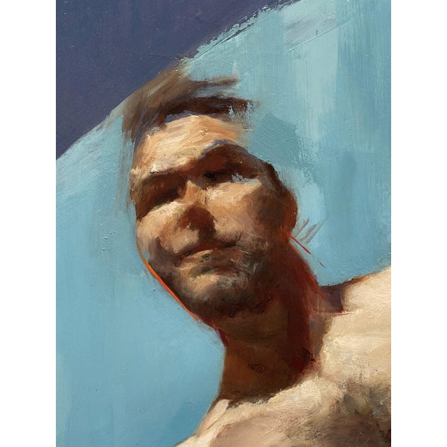 6 and Two by Zack Zdrale | Oil on Panel Male figures in dynamic poses against a blue background. For Sale - Image 4 of 5