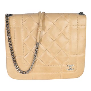 Vintage Beige Quilted Lambskin Square CC Flap Bag For Sale