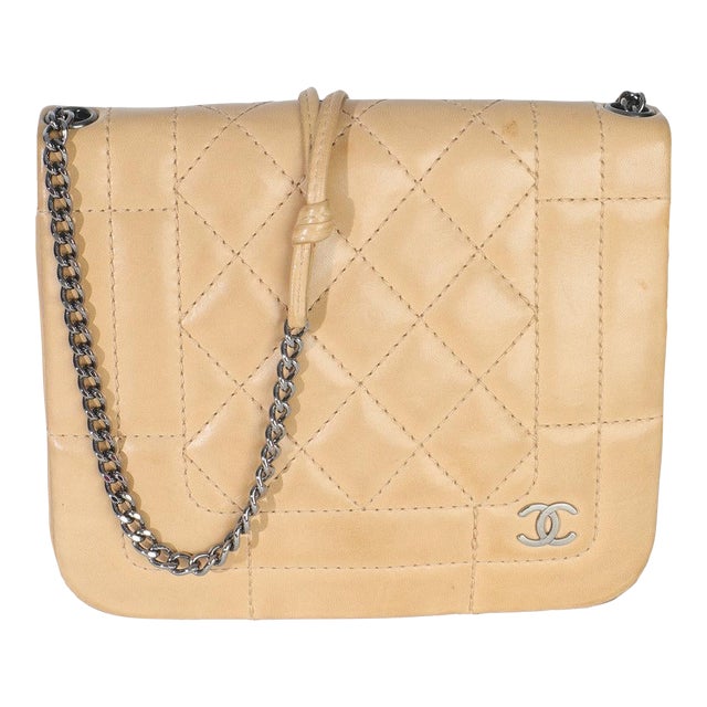 Vintage Beige Quilted Lambskin Square CC Flap Bag For Sale