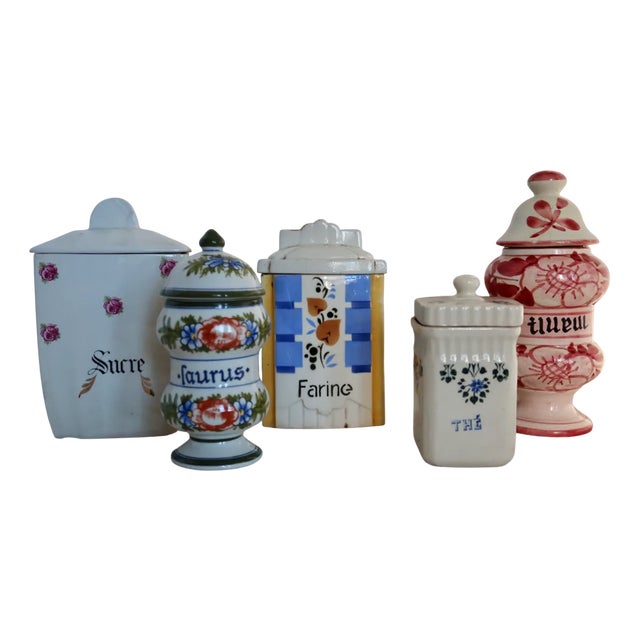 Vintage Cottage Core Porcelain and Earthenware Spice Jars, 1950s, Set of 5 For Sale