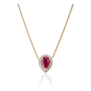 18k Gold Natural Ruby Diamond Pear Pendant Necklace For Sale