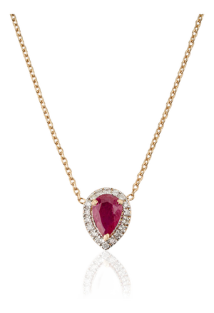 18k Gold Natural Ruby Diamond Pear Pendant Necklace