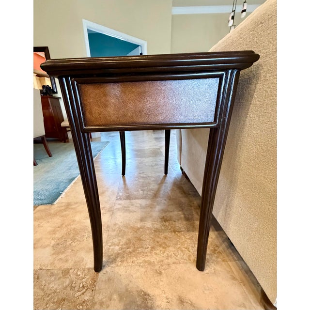 English 1990s Palecek India Designer Writing Desk - Dark Wood & Textured Leather For Sale - Image 3 of 5