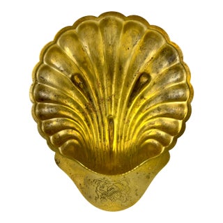 Antique French Brass Shell Dish With Engraved Heraldic Crest, Circa 1900 For Sale