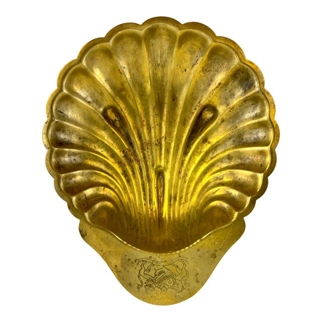 Antique French Brass Shell Dish With Engraved Heraldic Crest, Circa 1900 For Sale