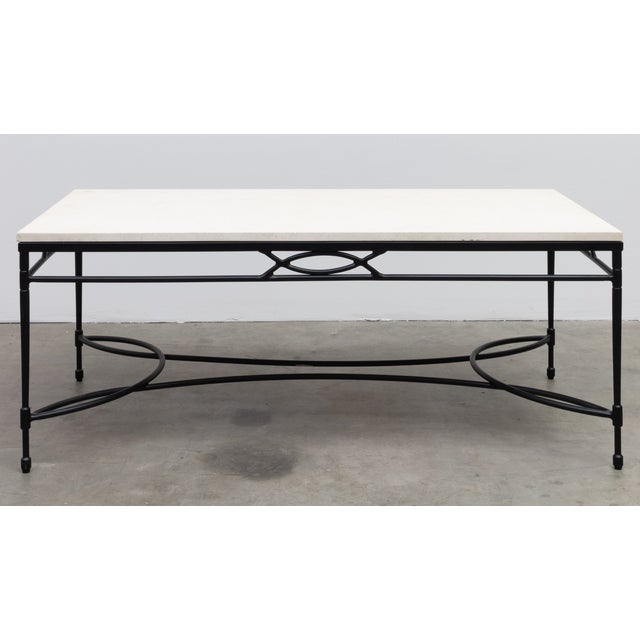 Amalfi Coffee Table by Janus Et Cie with black stainless steel frame with limestone top. Suitable for outdoor or indoor use