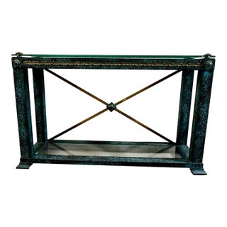 Vintage Neoclassical Verdigris Wood, Brass and Glass Tiered Console Table For Sale
