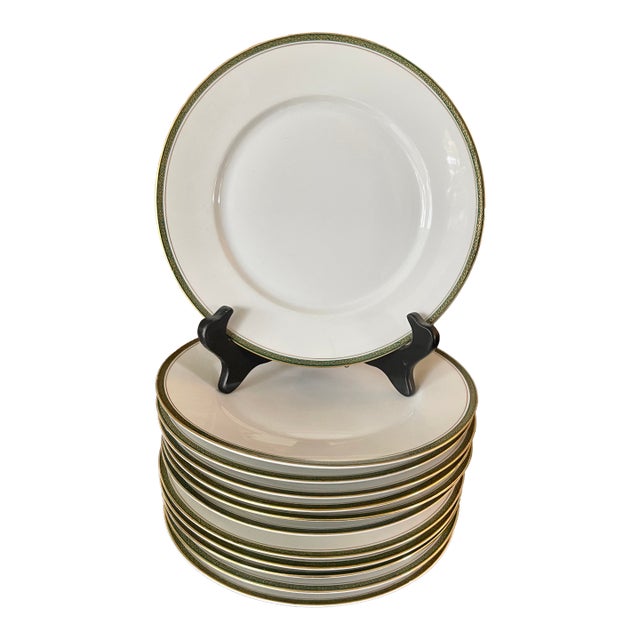 K/P/M Porcelain Emerald Green Gilt Dinner Plates, Set of 12 For Sale