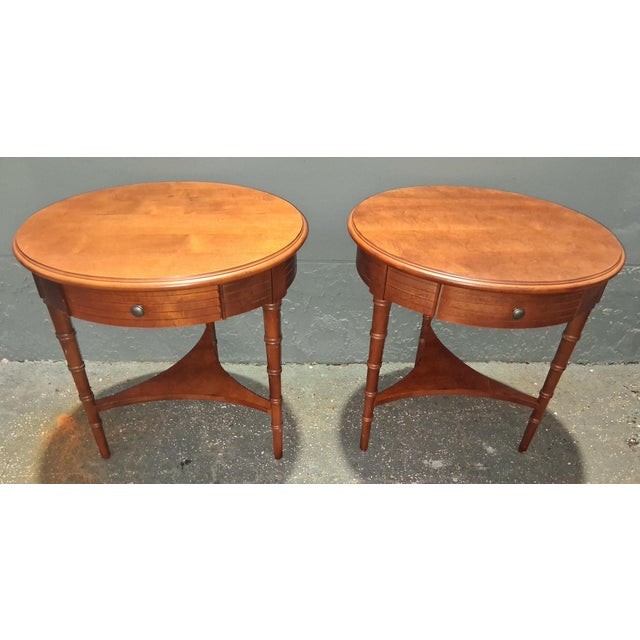 Vintage Traditional Round Carved Faux Bamboo Side / End Tables by Lane. A - Pair For Sale - Image 12 of 12