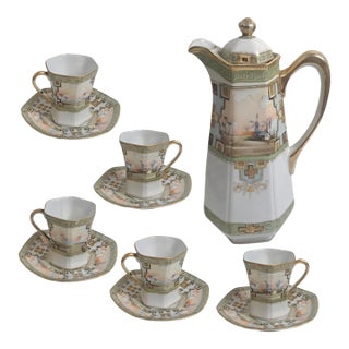 Antique Imperial Nippon Hand-Painted Chocolate Pot Set, 11 Pieces, Scenic Design, Gold Trim, Japan For Sale