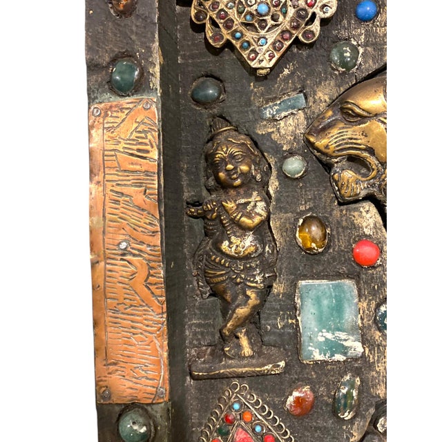 Brass Antique Nepalese Durga Hindu Shrine Brass Wood Stone Inlaid Wall Plaque C1900 For Sale - Image 8 of 16