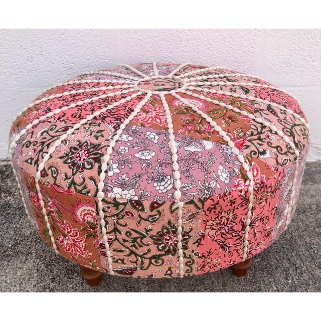 Large Round Puffy Pink Floral Patchwork Ottoman Footstool For Sale - Image 4 of 8