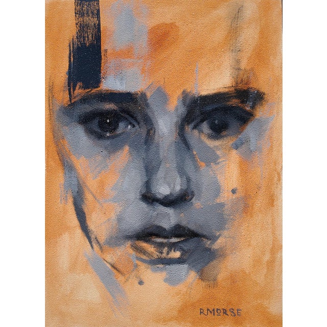 This oil painting on panel presents a striking portrait, capturing a contemplative expression with a predominantly muted...
