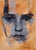 This oil painting on panel presents a striking portrait, capturing a contemplative expression with a predominantly muted...
