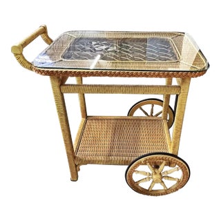 1970s Wicker Bar Tea Cart For Sale