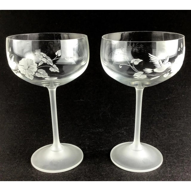 Vintage Full Lead Crystal Champagne Glasses Hummingbird Motif For Sale - Image 4 of 13