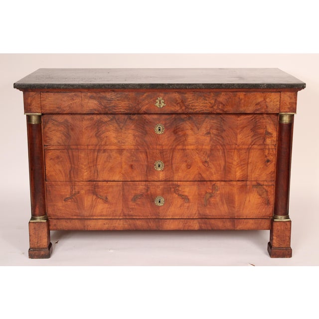 Empire burl walnut chest of drawers with marble top, circa 1820. With a rectangular marble top, a small burl walnut top...