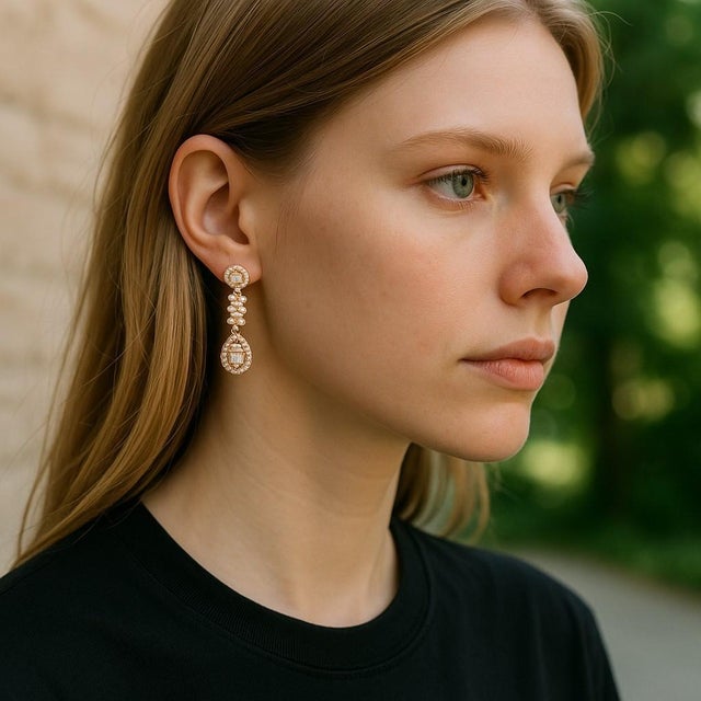 Modern 14k Yellow Gold Baguette and Round Diamond Dangle Delicate in Size Earrings-Set of 2 For Sale - Image 3 of 7