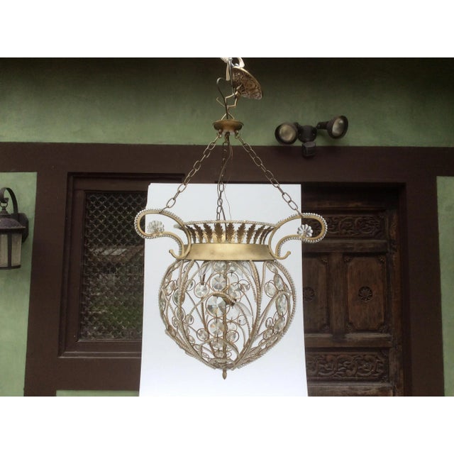 Gold Vintage Crystal & Silvered Tole Hanging Lantern For Sale - Image 8 of 9