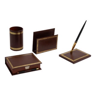 Vintage Brown Leather Desk Accessory Set - 4 Pieces For Sale