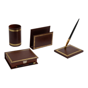 Vintage Brown Leather Desk Accessory Set - 4 Pieces