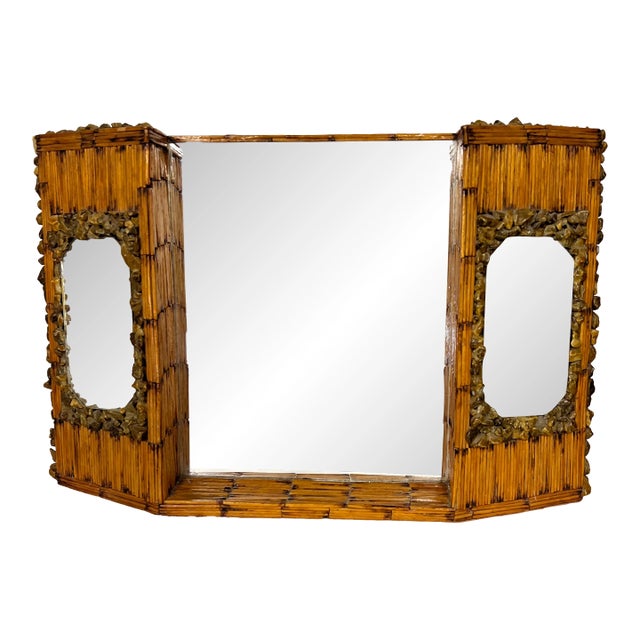 Rare One of a Kind Handmade Folk Tramp Art Matchsticks and Stones Dresser, Mantle Top Triple Mirror For Sale