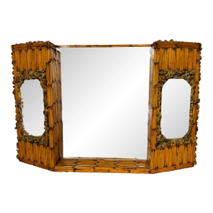 Rare One of a Kind Handmade Folk Tramp Art Matchsticks and Stones Dresser, Mantle Top Triple Mirror