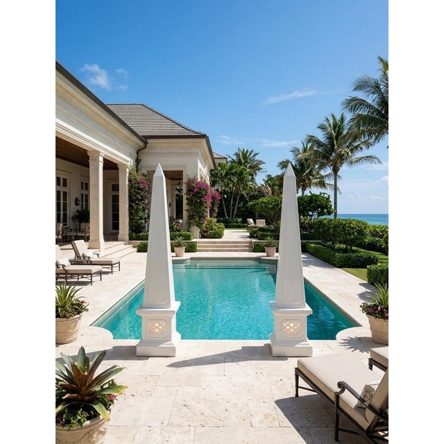 2000 - 2009 Pair of Grand Classical Cast Stone Garden Obelisks on Lattice Plinths For Sale - Image 5 of 11