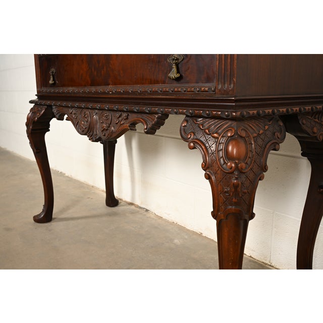 Berkey & Gay Style Antique Chippendale Carved Walnut and Burl Wood Bookcase or Bar Cabinet, Circa 1920s For Sale - Image 12 of 18