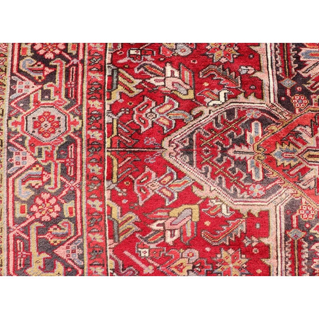 Vintage Heriz With Geometric Diamond Design in Reds, Ivory, Blue, Light Yellow Green & Charcoal For Sale - Image 10 of 13