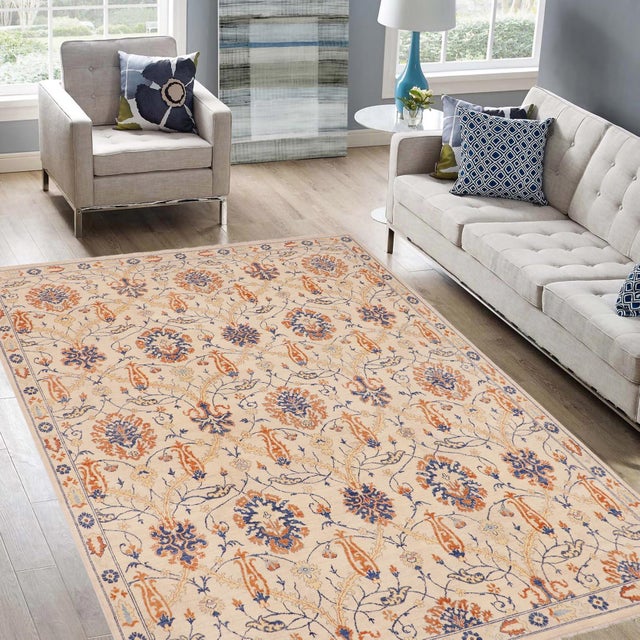 1990s Shabby Chic Kafkaz Peshawar Ivory/Blue Wool Rug - 9'1 X 10'8 For Sale - Image 4 of 10