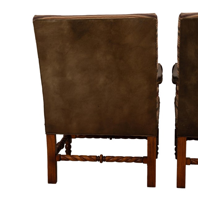 1990s Hancock & Moore Louis XIII French Style Barley Twist Throne Armchairs W/ Southwestern Wool Geometric Fabric For Sale - Image 15 of 17
